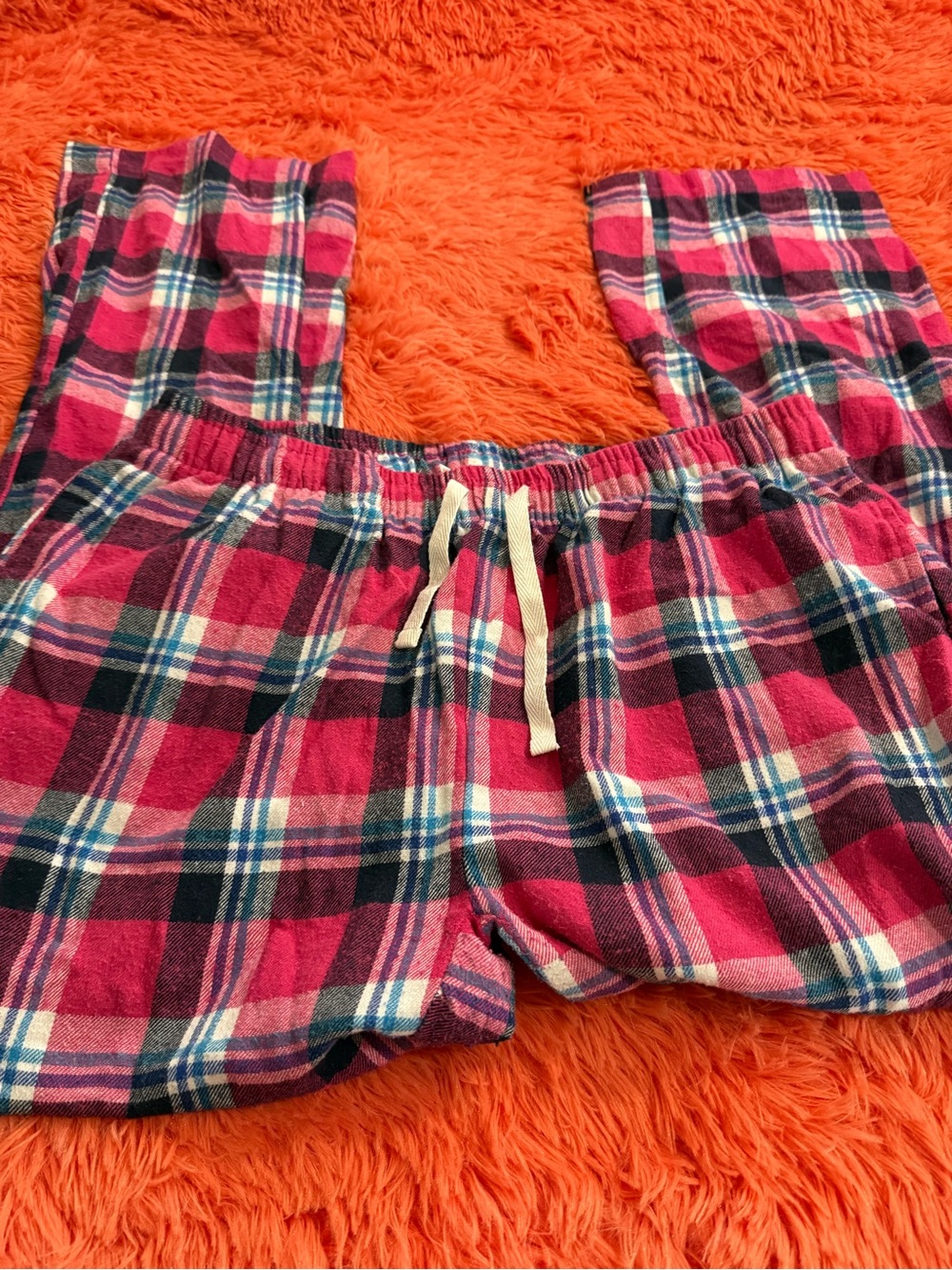 RESA Pink and Navy Plaid Flannel Pajama Pants with Drawstring